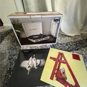 Light Blue Victrola Record Player and Two Billie Eilish Albums